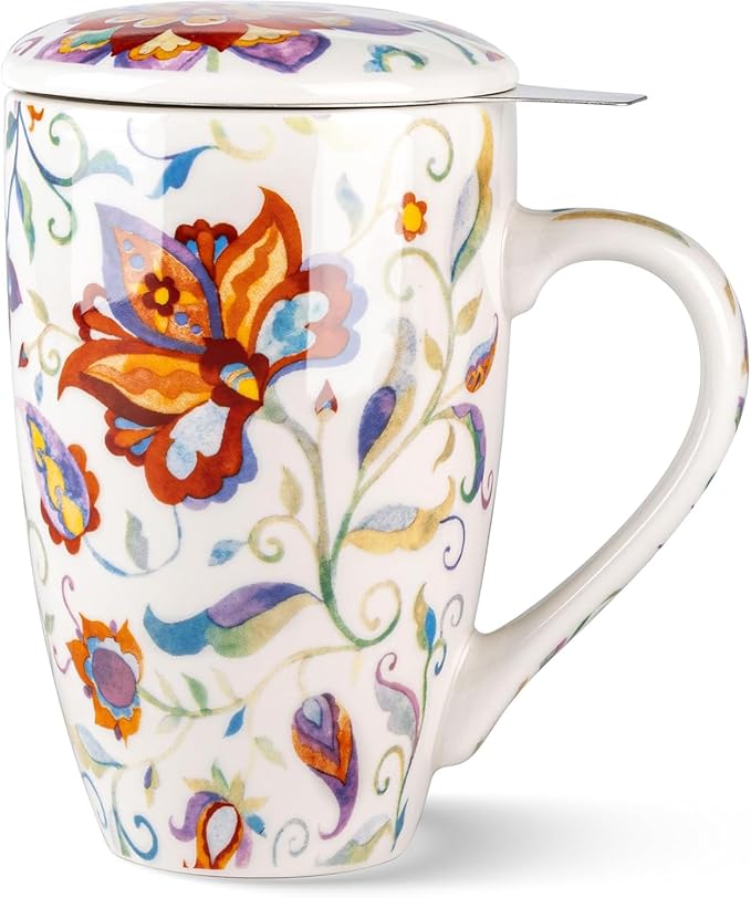 GBhome Tea Mug with Infuser and Lid, 18 Ounce Large Ceramic Loose Leaf Cup, Microwave, Dishwasher Safe, Perfect for Tea Lovers