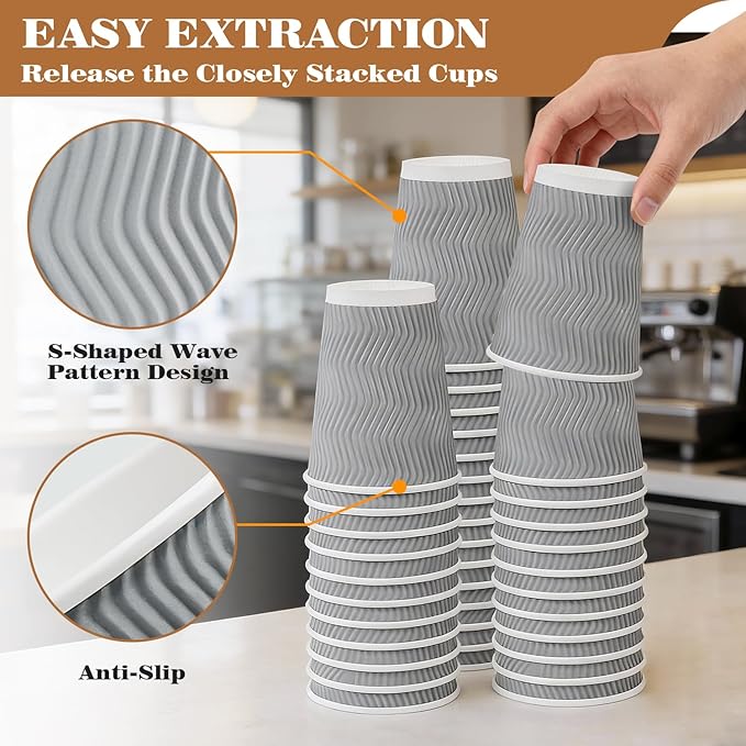 Ginkgo 100 Pack 12 oz Disposable Insulated Coffee Cups With Lids, Double-Walled Ripple To Go Paper Travel Cups for Hot Drinks - Gray