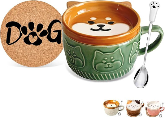 BigNoseDeer Cute Kawaii Dog Mug,Dog Coffee Mugs with Lids,Novelty Animal Coffee Ceramic Tea Cup Dessert Saucer Set,Christmas Birthday Presents for Girls Friend Kids,Dog Lovers Gifts for Women