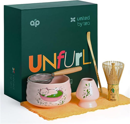 Matcha Gift Set 6 Pcs – Ceramic Bowl, Bamboo Whisk, Whisk Holder, Scoop, Sifter & Cloth – Traditional Japanese Set for Green Tea by Aprika Matcha (Pink with Cats)