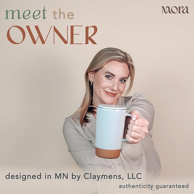 Mora Ceramics Large Tea Mug with Loose Leaf Infuser and Ceramic Lid, 18 oz, Portable, Microwave and Dishwasher Safe, Tall Coffee Cup - Rustic Matte Ceramic Glaze, Modern Herbal Tea Strainer, Sleet