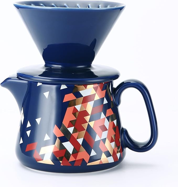 Pour Over Coffee Maker, Ceramic Coffee dripper with 100 pcs Paper Filter, Ceramic coffee Server with Lid, 15.5oz/450 ml, Suitable for 1-2 people (Blue)