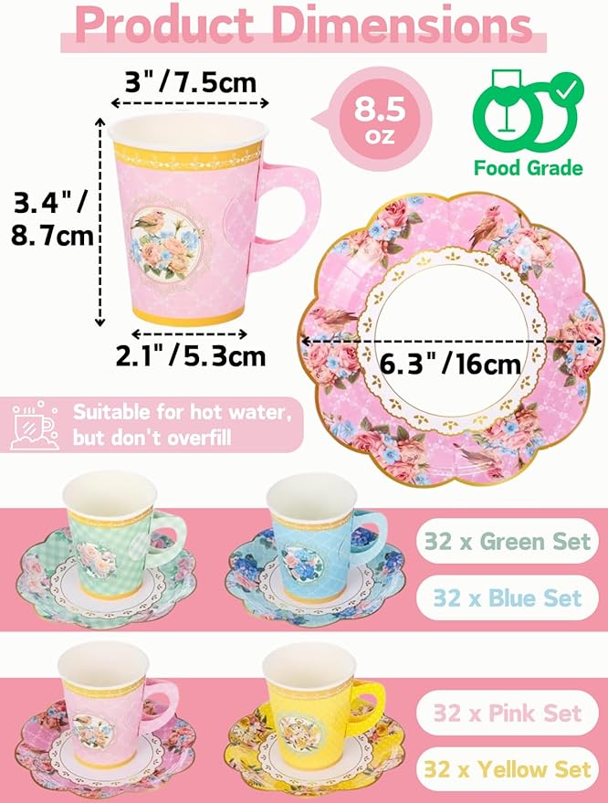 32 Set Floral Paper Tea Cups(8.5 oz) with Handle & 6" Saucers Set, 64pcs Disposable Tea Cup Saucer for Cold & Hot Drinks Serves 32 for Tea Party Wedding Baby Shower Party Supplies