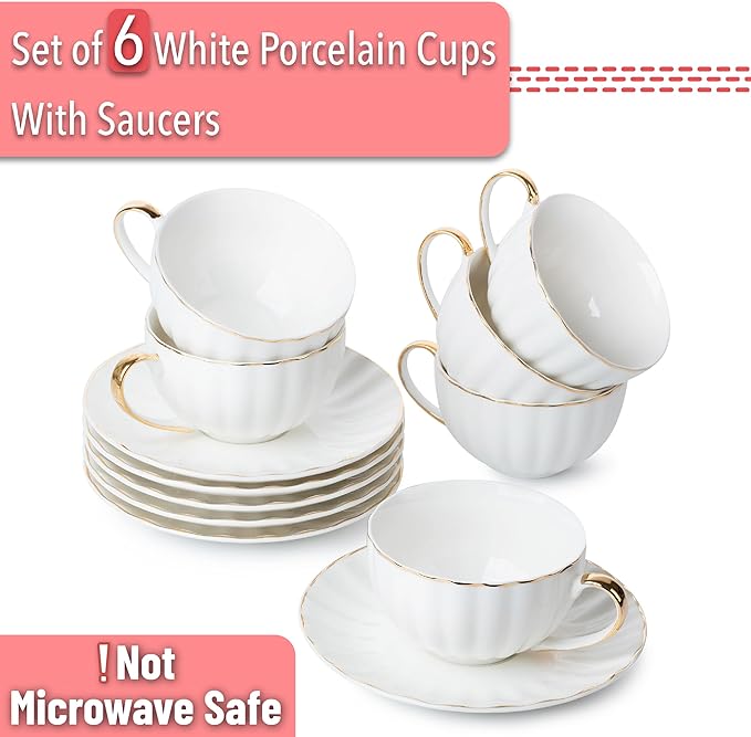 BTaT- Cappuccino Cups with Saucers 7 oz, Set of 6, White Porcelain Coffee Cup and Saucer Set for Latte with Golden Trim Design, Dishwasher Safe, Mocha, Tea, Au Lait, Flat White