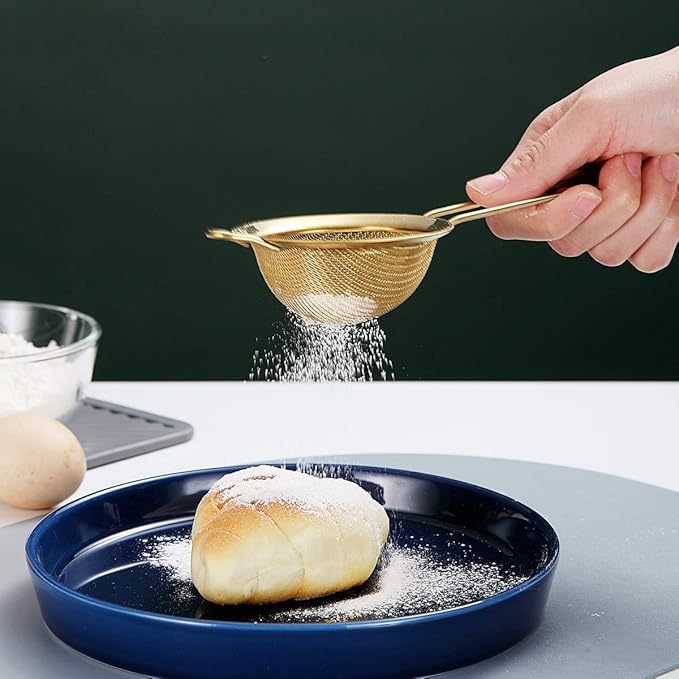 Kyraton Gold Fine Mesh Strainer 3 Pieces Set, Golden Flour Sifter For Baking, Stainless Steel Clander, Matcha Tea Strainer, Gravy Separator, Stasher Sieve Pasta Strainers