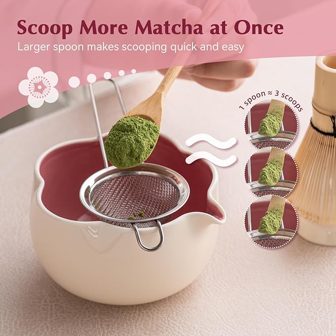 Matcha Set, 8Pcs Floral Ceramic Matcha Kit with Matcha Whisk, Holder, Scoop, Scoop Rest, Sifter, Spoon and Tea Towel - Thoughtful Matcha Whisk Set Gift for Matcha Lovers (Beige & Pink)