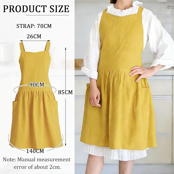 Cotton Linen Cross Back pinafore Apron Dress for Women with Pockets for Cooking Cleaning - Crossback Apron - Yellow - with Waist Ties - Image 5