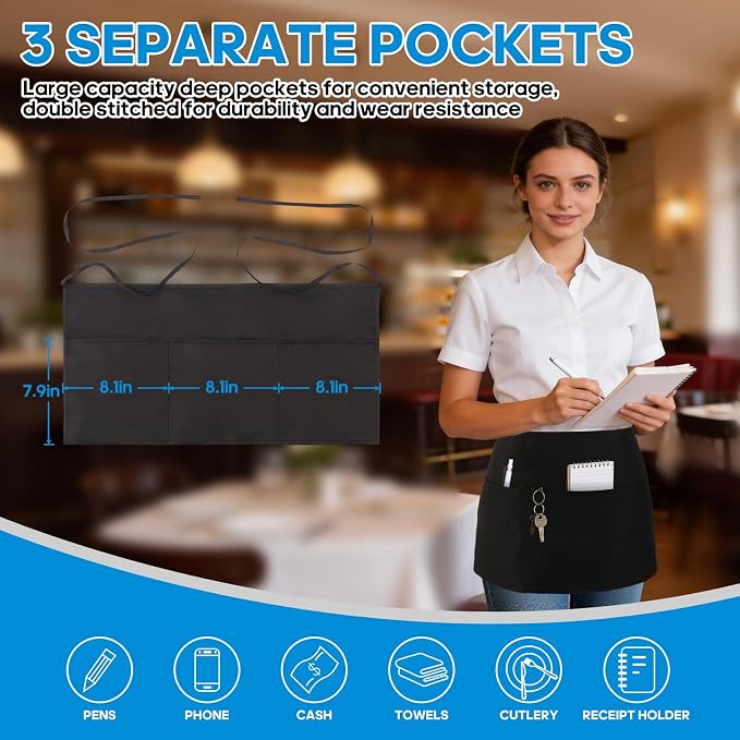Server Apron with Multi-Pocket Design, Extra-Long Straps & Large Fit for Restaurant Servers, Bartenders & Baristas - Image 3
