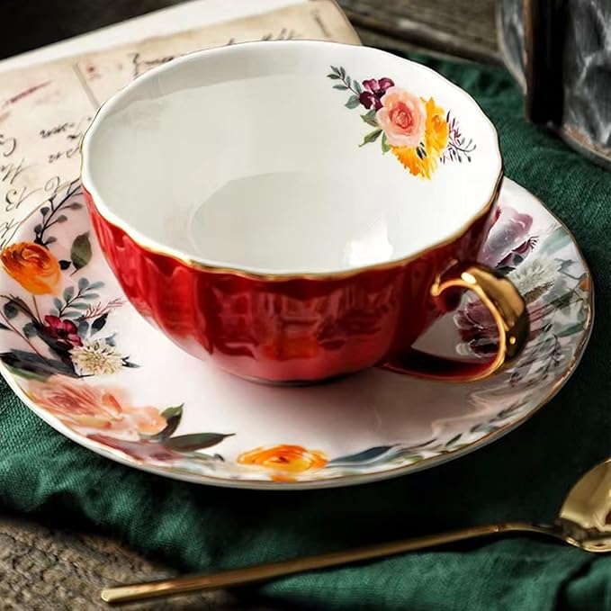 ONEUSTAR Tea Cup and Saucer Set for 1 Bone China Floral Teacup with Spoon 8 oz Coffee Cup Cappuccino Latte Mug for Women Birthday Christmas Gift, Red