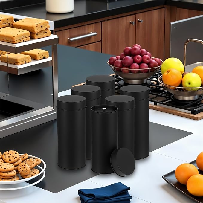 6 Pack Tea Tin Canister with Airtight Double Lids, 21 Fl Oz Tin Can Box and Large Round Kitchen Canisters for Loose Tea, Coffee, Candy and Spices(Black)