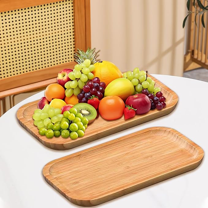 2 Pack Bamboo Trays Cheese Plate,10 Inch Rectangular Food Serving Saucer Wood Platte for Serving Food for Charcuterie Tea Coffee Snack Bread Fruit Appetizer Plant Pot