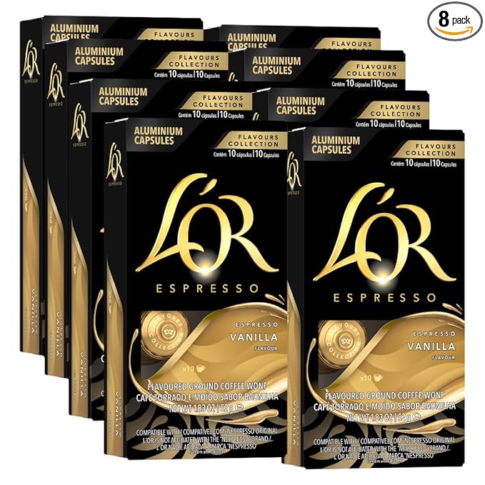 L'OR Espresso Capsules, 80 Count Vanilla, Single-Serve Aluminum Coffee Capsules Compatible with the L'OR BARISTA System & *Nespresso Original Machines, 80 Count (Pack of 8)
