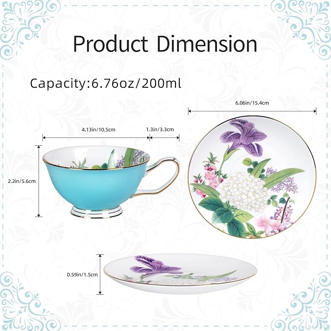 KAMMAK Tea Cups and Saucers Set of 2, Fine Bone China Coffee Cups, Stackable Espresso Mugs, Ceramic Demitasse for Coffee, Cappuccino, Latte, Americano, Tea, Peony + Hydrangea