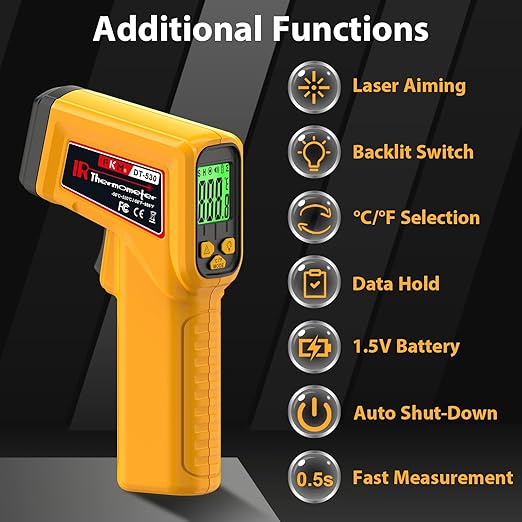 FKM Infrared Thermometer Gun Non-Contact Laser Temperature Gun,-58°F~986°F,AdjustableEmissivity,Digital IR Thermometer Gun for Cooking,Griddle,Pizza Oven,BBQ,HVAC,Automotive,Industrial,Not for Human