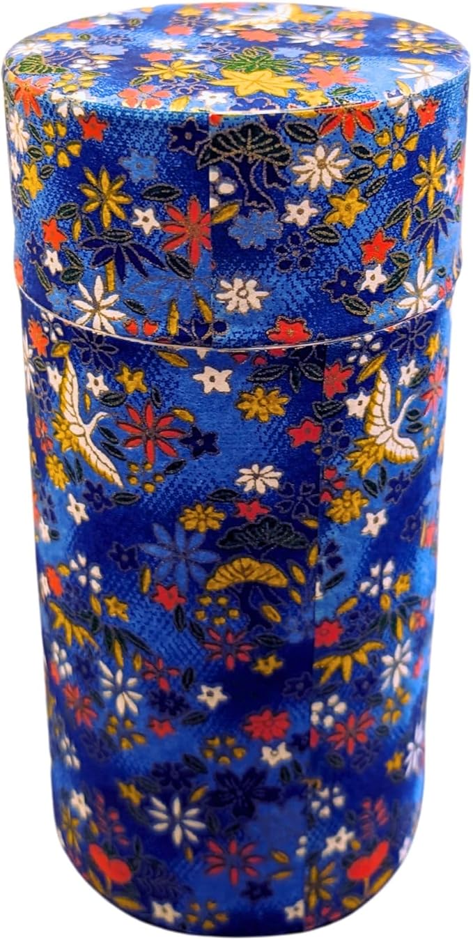 Japanese Tea Canister Double Lid, Japanese Washi Paper Coated with Capacity of 6.2oz(175g), Japanese Green Tea Container, kaen(青)