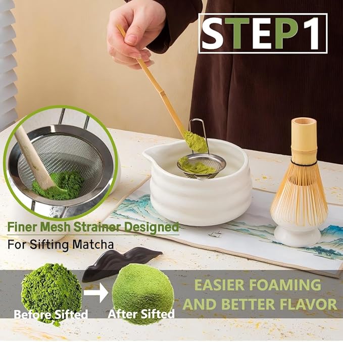 Matcha Tools ，Matcha Whisk Holder， Matcha Chasen Whisk Stand ，Ceramic Holder ，Matcha Bowl ，Traditional Japanese Tea Ceremony Starter (Matte Black Ceramic Holder，Whisk ， 4 set)