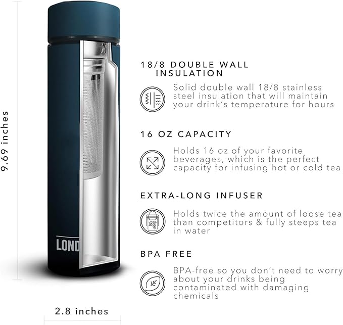 The London Sip Multi-Purpose Travel Mug and Tumbler Fruit Infused Flask Hot and Cold Double Wall Stainless Steel Thermos with Extra-Long Infuser, Midnight Teal, Pack of 2