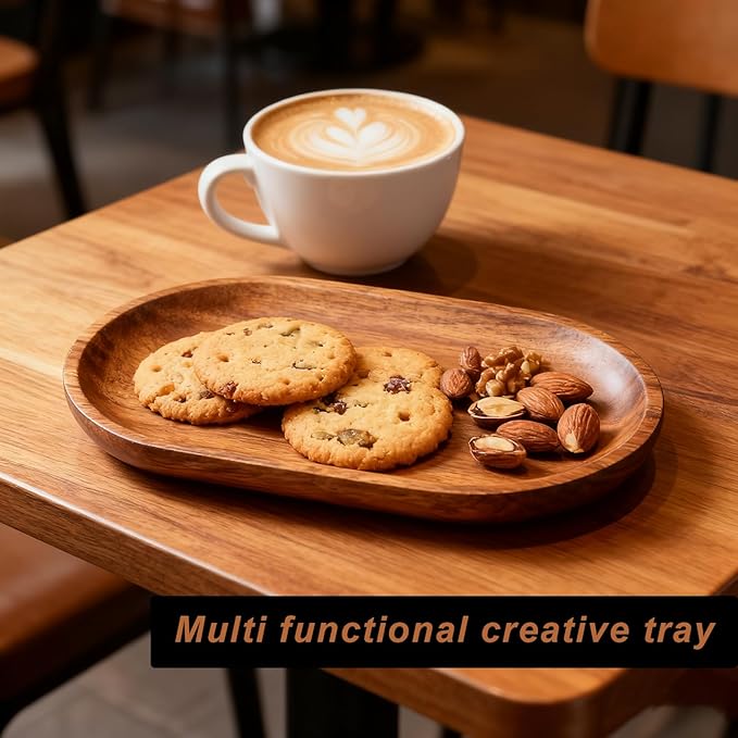 Small Wooden Tray, Oval Wood Serving Trays, Acacia Wood Platter for Coffee Tables, Dessert, Snack, Fruit, Bathroom Tray Charcuterie Board for Home Decor (S)