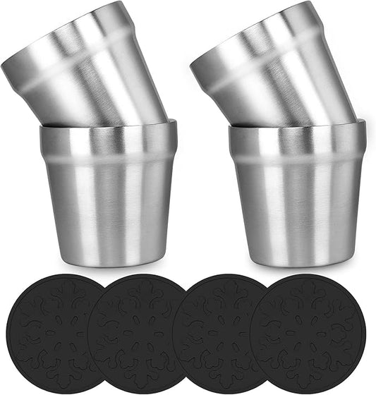 Youda Stainless Steel Double Walled Insulated Cups(Set of 4) Stackable, Coffee Cup/Tea Cup/Chilling Beer Glasses, Great for Toddlers, for Travel, Outdoor, Camping&Everyday(6 oz, Silver)