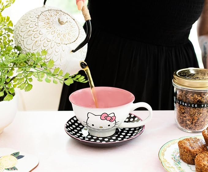 Silver Buffalo Sanrio Hello Kitty 12-ounce Ceramic Teacup and Saucer Set | Tea Party Gift Set For Coffee, Espresso