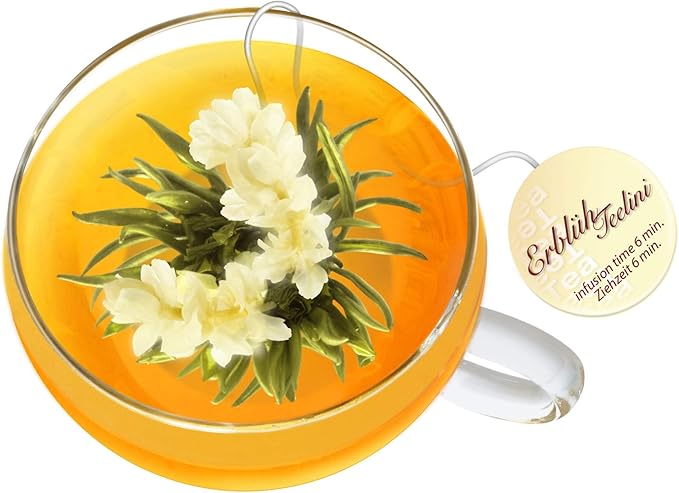 Creano Tea Gift Set Blooming Tea in Cup Size - 8 pcs Flowering White Tea with Glass Tea Cup - 7oz (200ml)