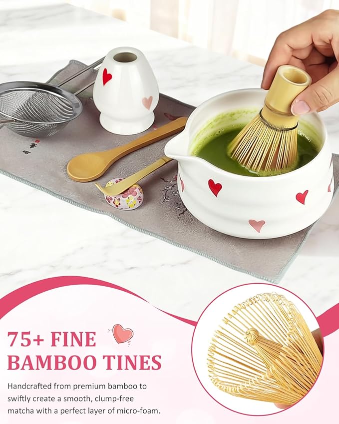 8Pcs Cute Ceramic Matcha Set with Whisk Bowl, Matcha Tea Kit Holder, Bamboo Scoop, Sifter, Towel Included, Valentine's Mother's Day Gift for Matcha Lover Women (Heart Shape White)