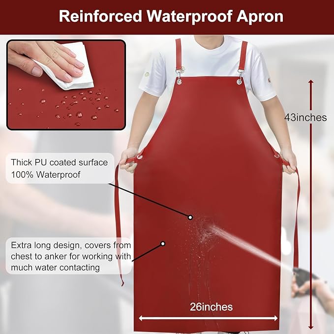 SHEOMERN 2 Pack Heavy Duty Vinyl Dishwasher Apron Adjustable Cross Back Strap for Dishwasher, Butcher, Dog Grooming, Chemical Resistant, 43" Long Thicker Apron Red