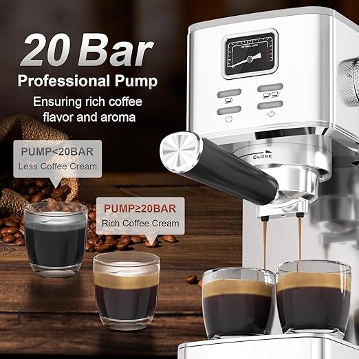 Espresso Machine 20 Bar, Stainless Steel Coffee Machine with Steam Milk Frother & 47oz Removable Water Tank, Hot Water Function for Home Cappuccino, Latte