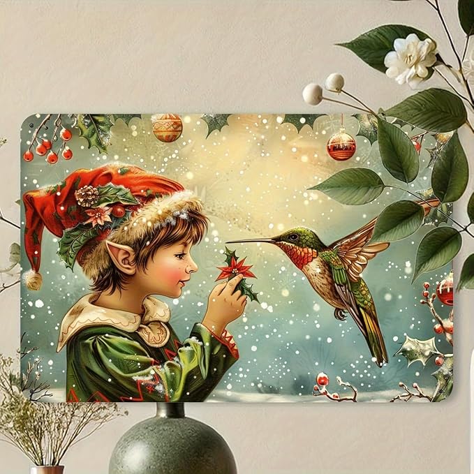 Christmas Elf and Vibrant Hummingbird - Vintage Metal Tin Sign, Festive Wall Art Decor for Gym, Cafe, Garage, Restaurant, Home, and Garden, Iron Material, 12x8 Inches - Image 2