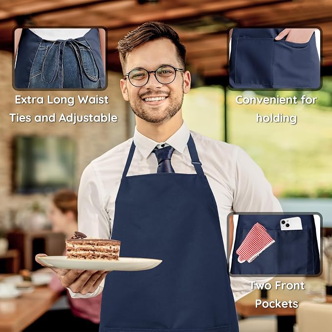4 Pack Chef Apron, Waterproof Apron, Adjustable Apron with 2 Pockets for Men Women, Apron for Cooking Baking Restaurant (Polyester Blend, Navy Blue) - Image 4
