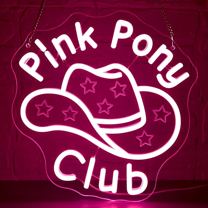 Pink Pony Club Neon Sign for Wall Decor Dimmable Western Cowgirl Hat LED Light for Music Room Party Girls Room Pink Cowgirl Decor Princess Signs Western Art Gifts for Girls Size 12.2*11.8in(GLNCP117)