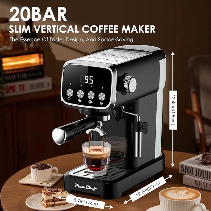 PLJY0110 20BAR Slim Vertical Espresso Machine with Milk Frother, Built-in Cup Warmer,Compact Space-Saving Design 43 OZ Detachable Tank, for Rich Espresso, Americano, Latte, Black