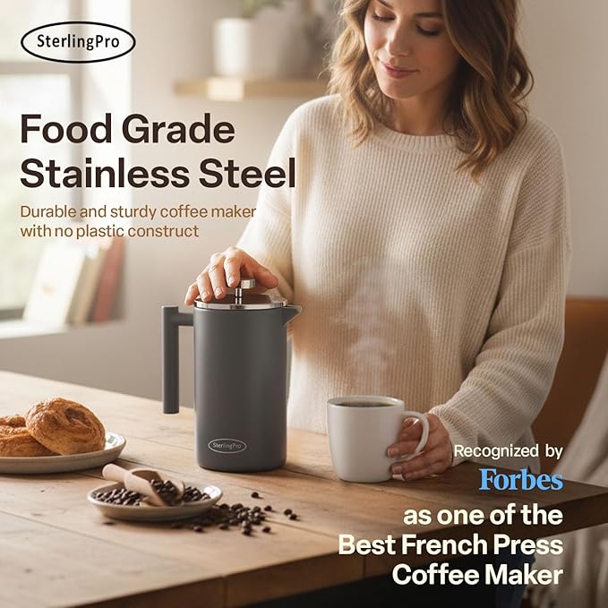 Stainless Steel French Press Coffee Maker 1.5 L (51 oz) Grey – Double Walled Insulated Large Coffee Press, Durable Design Keeps Drinks Hot, Easy to Use and Clean for Rich Flavor Brewing