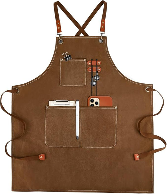 APRONPANDA Cross-Back Chef Aprons for Men Women with Pockets,Cotton Canvas Adjustable Cooking Work Apron for Kitchen