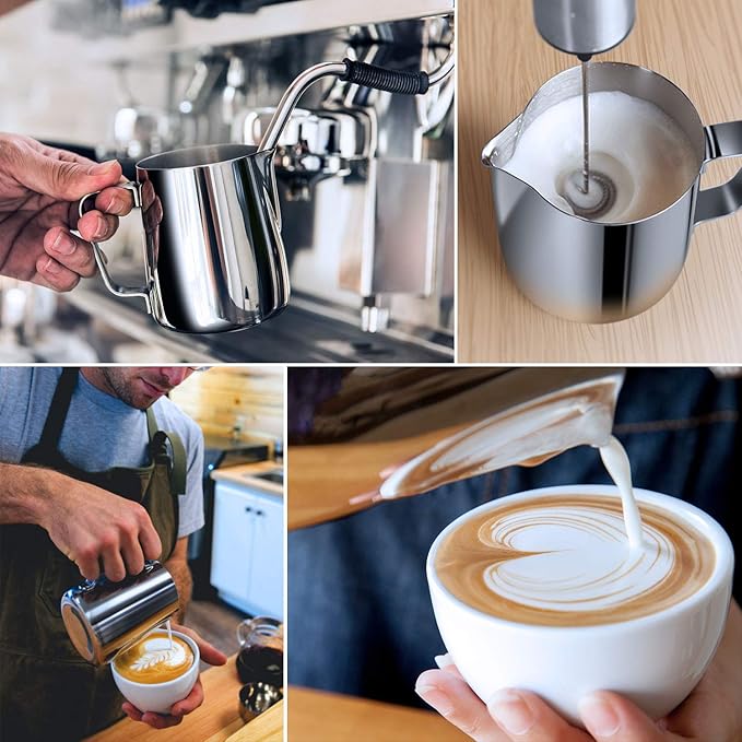 Milk Frothing Pitcher, 350ml (12oz) Steaming Pitchers Stainless Steel Milk Coffee Cappuccino Latte Art Barista Steam Pitchers Milk Jug Cup with Decorating Art Pen, Bright Black