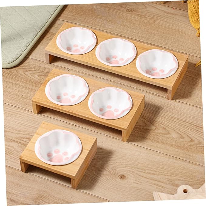 Milisten Elevated Cat Bowl Whisker-Friendly Bamboo Stand Ceramic Pet Feeding Bowl for Kitten Vomiting Relief