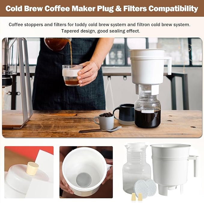Reusable Coffee Filters Compatible with Toddy Cold Brew Maker - Washable Filters & Stoppers for Cold Brew System, Works with Mason Jars, Carafes, Jugs (10 Filters & 12 Stoppers)