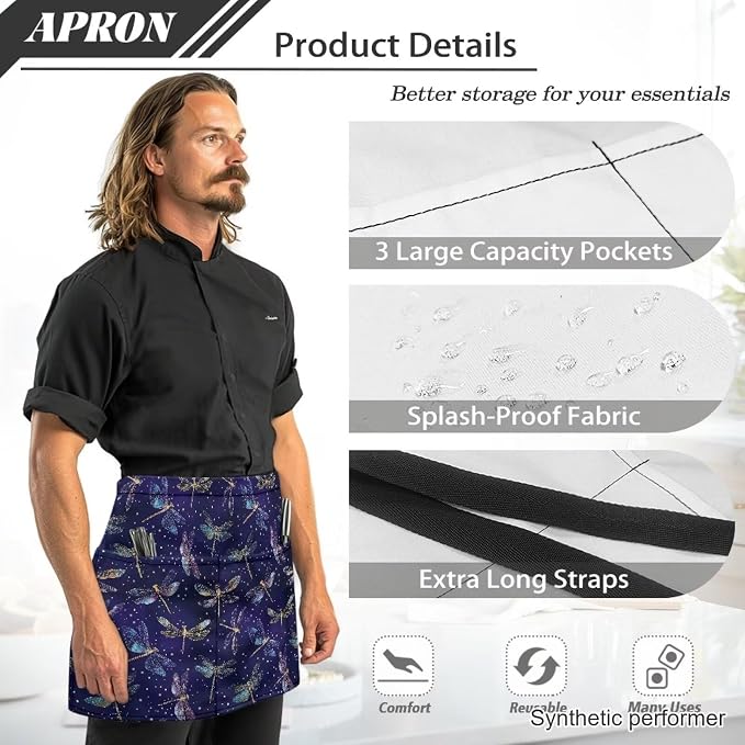 Waist Apron with 3 Pockets Waterproof 13 Inch Short Half Waist Aprons Women Men Server Aprons Waitress Waiter Apron - Image 6