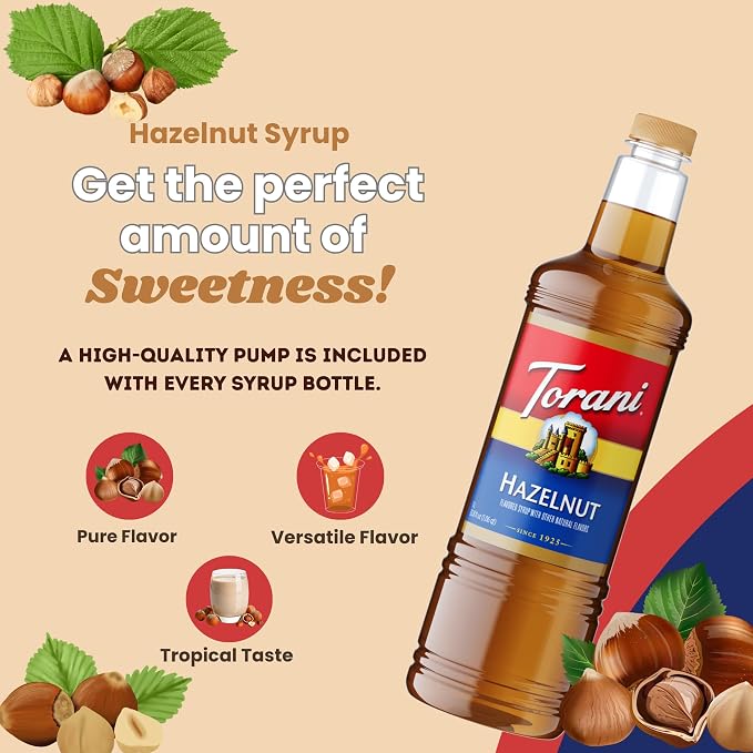 Torani Hazelnut Syrup 1 Liter Bottle with Pump – Premium Coffee Flavoring Made with Pure Cane Sugar & Natural Flavors for Lattes, Cappuccinos, Desserts, Cocktails & More – Rich Nutty Sweetener - Image 5