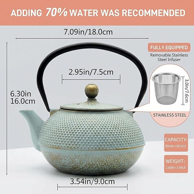 30.4oz Small Cast Iron Teapot, Tea Kettle for Stovetop Safe, Tea Pot with Stainless Steel Infuser for Loose Tea, Japanese Tetsubin Coated with Enameled Interior(900ml)