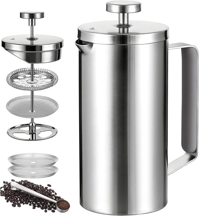 small French Press Coffee Maker 600ml, Double-Wall Insulated French Press Coffee Press Stainless Steel for travel camping, Silicone handle (2-4cup, 20 OZ) silver
