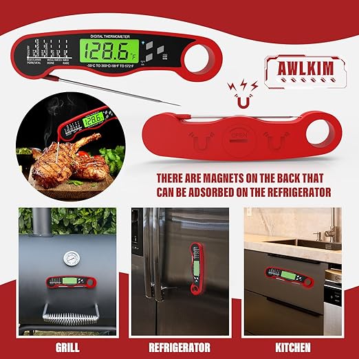 2 Pack Fast Instant Read Meat Thermometer with Backlight - Waterproof Digital Food Probe for Grilling, Cooking, Baking & Candy Making - Kitchen & BBQ Essential(Red)