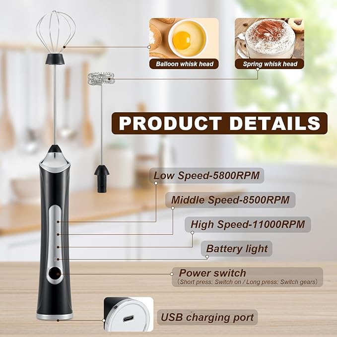 Handheld Electric Milk Frother with 2 Heads, Coffee Whisk Foam Mixer with USB Rechargeable 3 Speeds, Foam Maker Blender for Latte, Cappuccino, Hot Chocolate, Egg (Black with 2Head+Box)