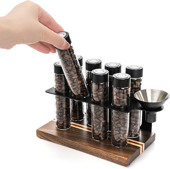 AVLA 8 Pack 2 OZ Coffee Bean Cellar Tubes, Single Dose Coffee Beans Storage with One-Way Exhaust Valve, Glass Espresso Beans Container, Dosing Vials with Wooden Stand Hopper for Coffee Lover, 20-22g