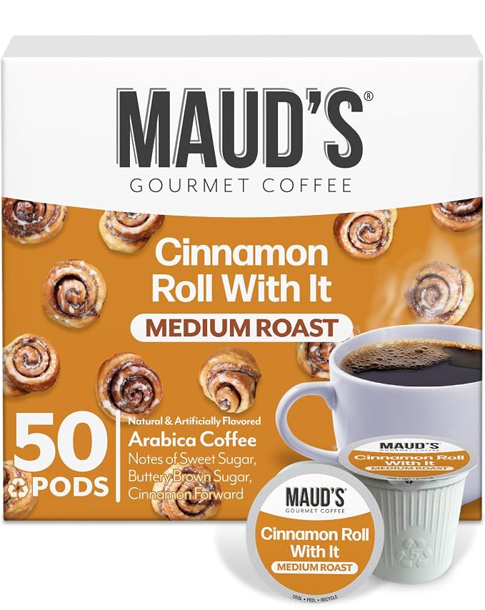 Maud's Cinnamon Roll Flavored Coffee Pods, 50 ct, Medium Roast Flavored Coffee in Single Serve Pods – 100% Arabica Beans, Compatible with Keurig K Cups Maker by MAUDSCOFFEETEA