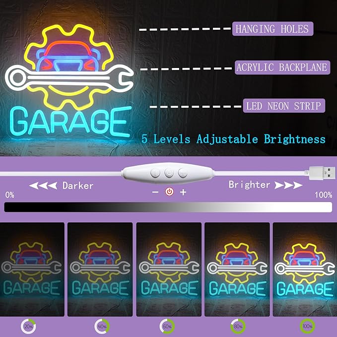 Garage Neon Sign for Wall Decor, LED Garage Neon Light Up Sign USB Dimmable Car Neon Sign for Man Cave Auto Repair Shop Workshop Party Birthday Gift