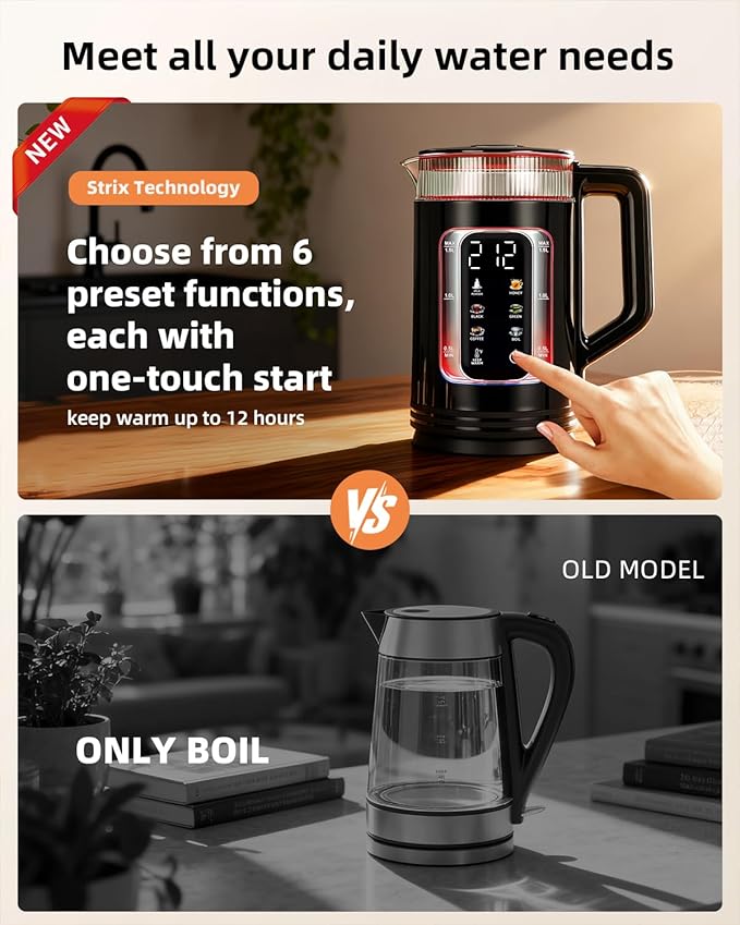 Electric Tea Kettle with Temperature Control, Glass smart Water Boiler for Tea, Coffee & Boil, Automatic Shut Off, 12h Keep Warm & One-Touch 6 Presets