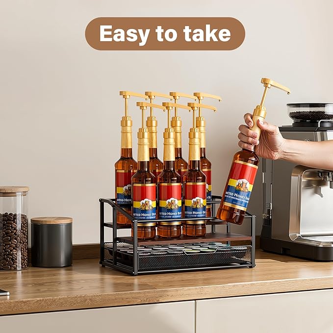 kimilus Coffee Syrup Rack Organizer, 3-Tier 8 Bottle Syrup Rack with 35 K Cup Drawer for Coffee Bar, Countertop Bottle Holder Stand for Dressing for Kitchen Cafe Station