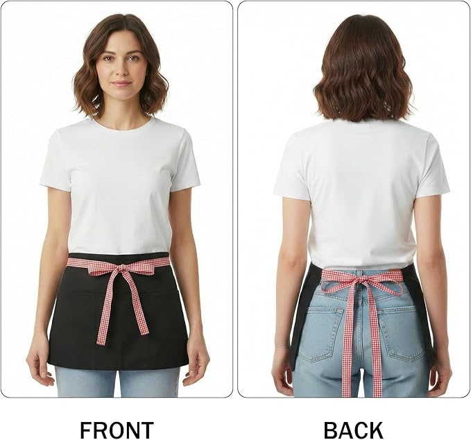 BOHARERS 3-Pocket Waist Apron With Red And White Plaid Shoulder Straps - Black Waitress Waiter Server Short Aprons