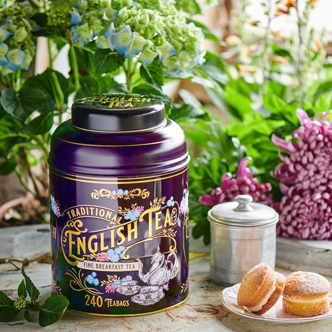 New English Teas Vintage Victorian Tea Tin in Royal Purple With 240 English Breakfast Teabags, Forget Me Not Florals